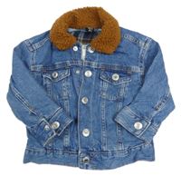 Modrá rifľová podšitá bunda s huňatým golierikom H&M