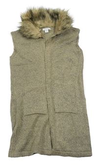Béžovo-šedá melírovaná propínací svetrová vesta/cardigan s kožušinovým golierom PRIMARK