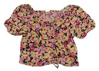 Čierno-žlto-ružová kvetovaná crop blúzka s nařasením LINDEX