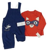 Nové - 2Set - Tmavomodré manšestrové laclové podšité kalhoty s pejskem a kapsou + červené triko F&F