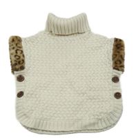 Biela vzorované svetrové pončo s hnědou kožešinou a rolákom ASPEN KIDS