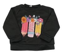 Čierna tepláková mikina s pastelkami a kvetmi