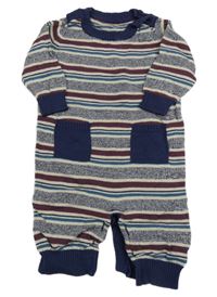 Tmavomodro-smetanovo-tmavovínovo-petrolejový pruhovaný melírovaný pletený overal Matalan