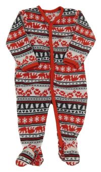 Bílo-červeno-černý vzorovaný fleecový overal s medvídky a vločkami a stromečky