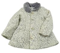 Smetanovo-šedý vzorovaný zateplený kabát s kytičkami a kožešinovým límečkem 