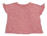 Růžové melírované tričko se zajíčky a motýlky a volánky Tu