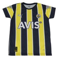 Tmavomodro-žlutý pruhovaný funkční fotbalový dres se znakem PUMA