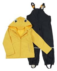 2Set - Tmavožlutá šusťáková jarní bunda s kapucí - dinosaurus + tmavomodré nepromokavé laclové kalhoty lupilu