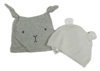 2x - Čepice - Šedá melírovaná s čumáčkem Mothercare, smetanová úpletová s oušky little nutmeg