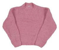 Ružový melírovaný rebrovaný pletený oversize crop sveter