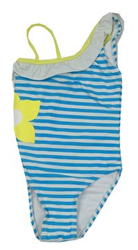 Modro-biele pruhované jednodielne plavky s kvietkom a volánem