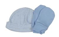 2set- Bílo-modrá pruhovaná čepice + Modré novorozenecké rukavice George