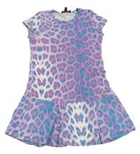 Levandulovo-bielo-modrozelené ľahké šaty s leopardím vzorem Roberto Cavalli