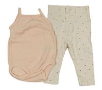 2set - Světlebéžové lehké tepláky se srdíčky + růžové žebrované perforované body H&M