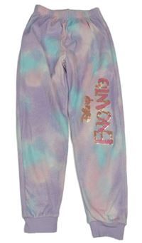 Lila-ružovo-svetlomodré batikované plyšové tepláky s nápisem - Encanto Matalan