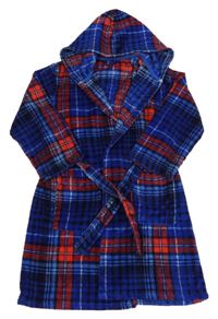 Modro-červený kostkovaný chlupatý župan s kapucí