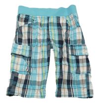 Azurovo-bielo-tmavomodré kockované plátenné cargo kraťasy s úpletovým pasom Topolino