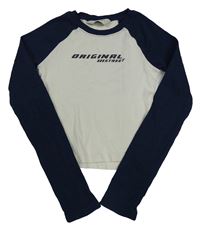 Bielo-tmavomodré rebrované crop tričko s nápisom H&M