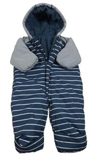 Tmavomodro-bílá pruhovaná šusťáková zimní kombinéza s kapucí Mothercare