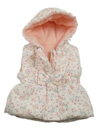 Bielo-ružová kvetovaná šušťáková zateplená vesta s kapucňou St. Bernard