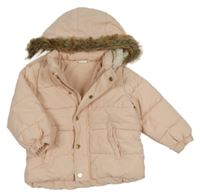 Světlerůžová šusťáková zimní bunda s kapucí s kožešinou H&M