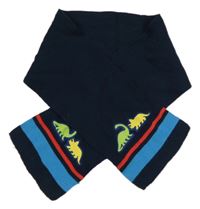 Tmavomodrá pletená šál s modrým pruhom a dinosaurami