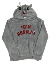 Šedá plyšová mikina s nápisem z flitrů a kapucí - sob H&M