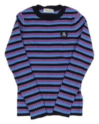 Fialovo-modro-tmavomodrý pruhovaný žebrovaný svetr 