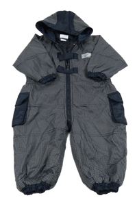 Tmavomodrá kostičkovaná šusťáková zimní kombinéza s kapucí 