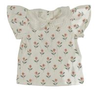 Biele rebrované tričko s kvetinami a golierikom Next