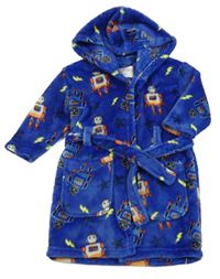 Modrý plyšový župan s roboty a kapucí 