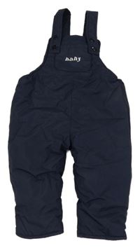 Tmavomodré šusťákové laclové oteplovačky s nápisem 