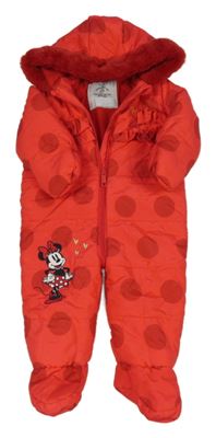 Červená puntíkatá šusťáková zimní kombinéza s Minnie a volánky a kapucí George