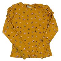 Medové kvetované rebrované tričko s volánikmi Matalan