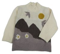 Bielo-fialovo-hnedý vlnený sveter s vtáčky a kvetmi H&M