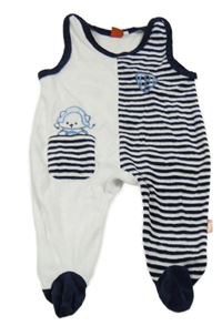 Bílo-tmavomodré sametové dupačky s pruhmi a medvedíkom