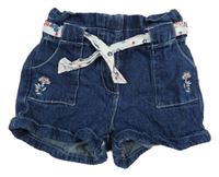 Tmavomodré rifľové kraťasy s kvetmi a opaskom