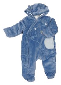 Modrá plyšová zateplená kombinéza s medvídkem a kapucí Mothercare