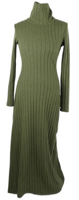 Dámske khaki rebrované úpletové dlhé šaty s rolákom Shein