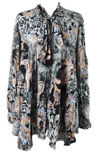 Dámská černo-šedo-oranžová vzorovaná halenka s mašlí 