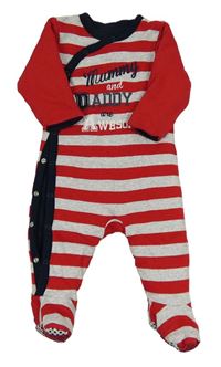Červeno-svetlosivý pruhovaný zateplený overal s nápisom Mothercare