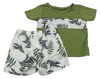 2set- khaki-bílé tričko s listy+ kraťasy 