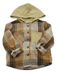 Hnedo-bielo-čierno-červená kockovaná flanelová košeľová bunda s kapucňou