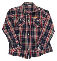 Tmavomodro-červeno-bílo-žlutá kostkovaná košile s nápisem