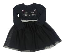 Čierne bavlnené šaty s mačkou a tylovou sukní Primark