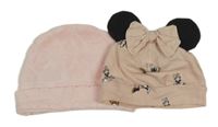 2x světlerůžová bavlněná čepice - s Minnie + sametová se srdíčky