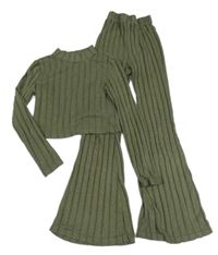 2set - Khaki úpletové rebrované crop triko + flare nohavice Shein