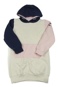 Smetanovo-tmavomodro-světlerůžové teplákové šaty s kapsou a kapucí Topshop