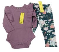 Nové - 2set - Fialvé žebrované body + tmavozelené legíny s květy Shein