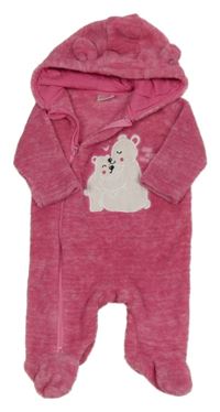 Ružová melírovaná chlpatá kombinéza s medveďmi a kapucňou